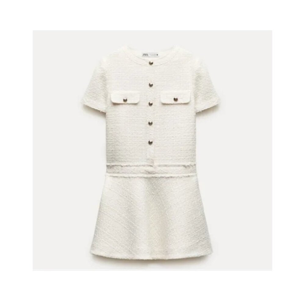 ZARA TEXTURED TWEED MINI DRESS ECRU